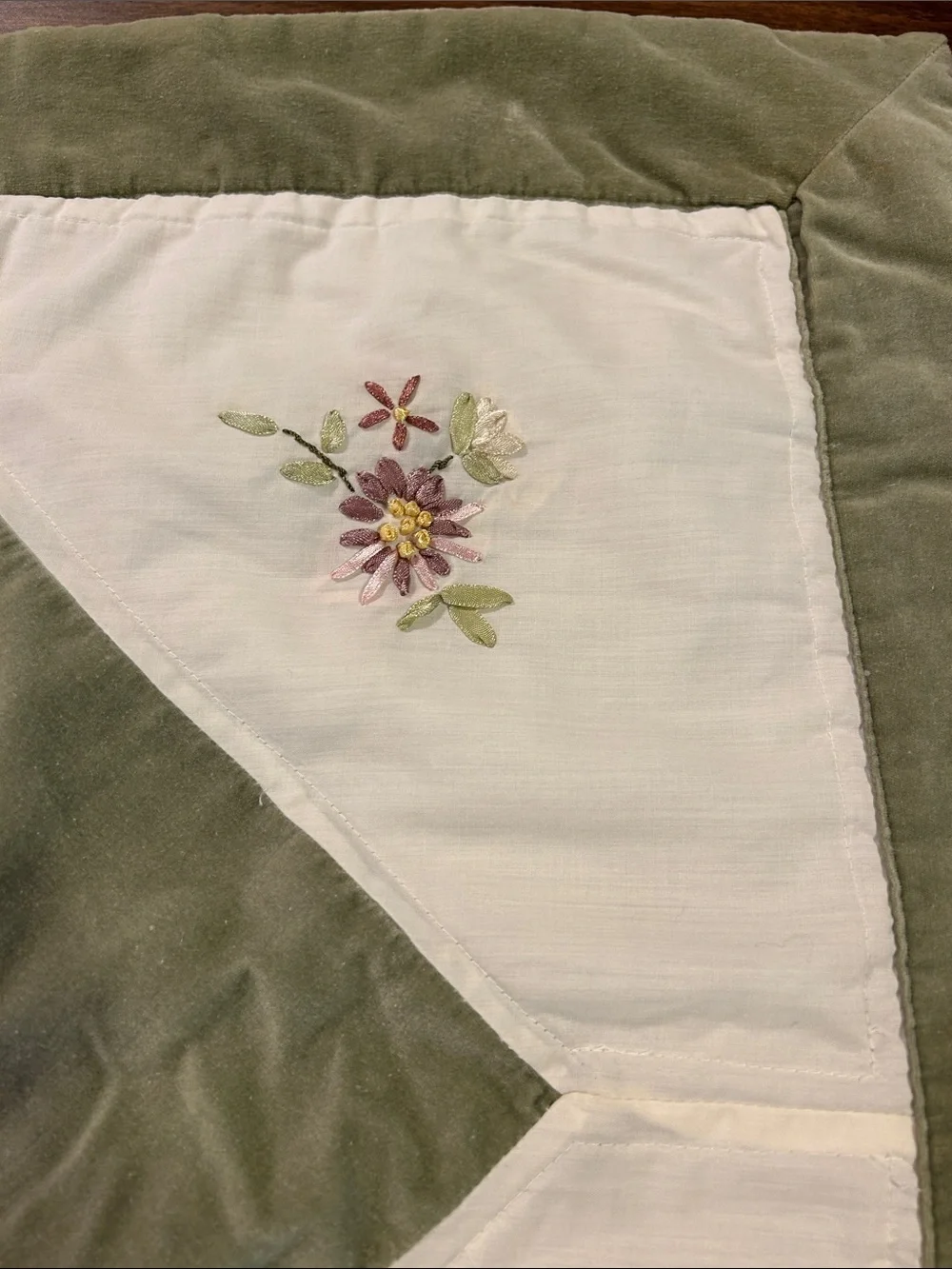 Embroidered Floral Pillow Sham in Sage Green and Ivory